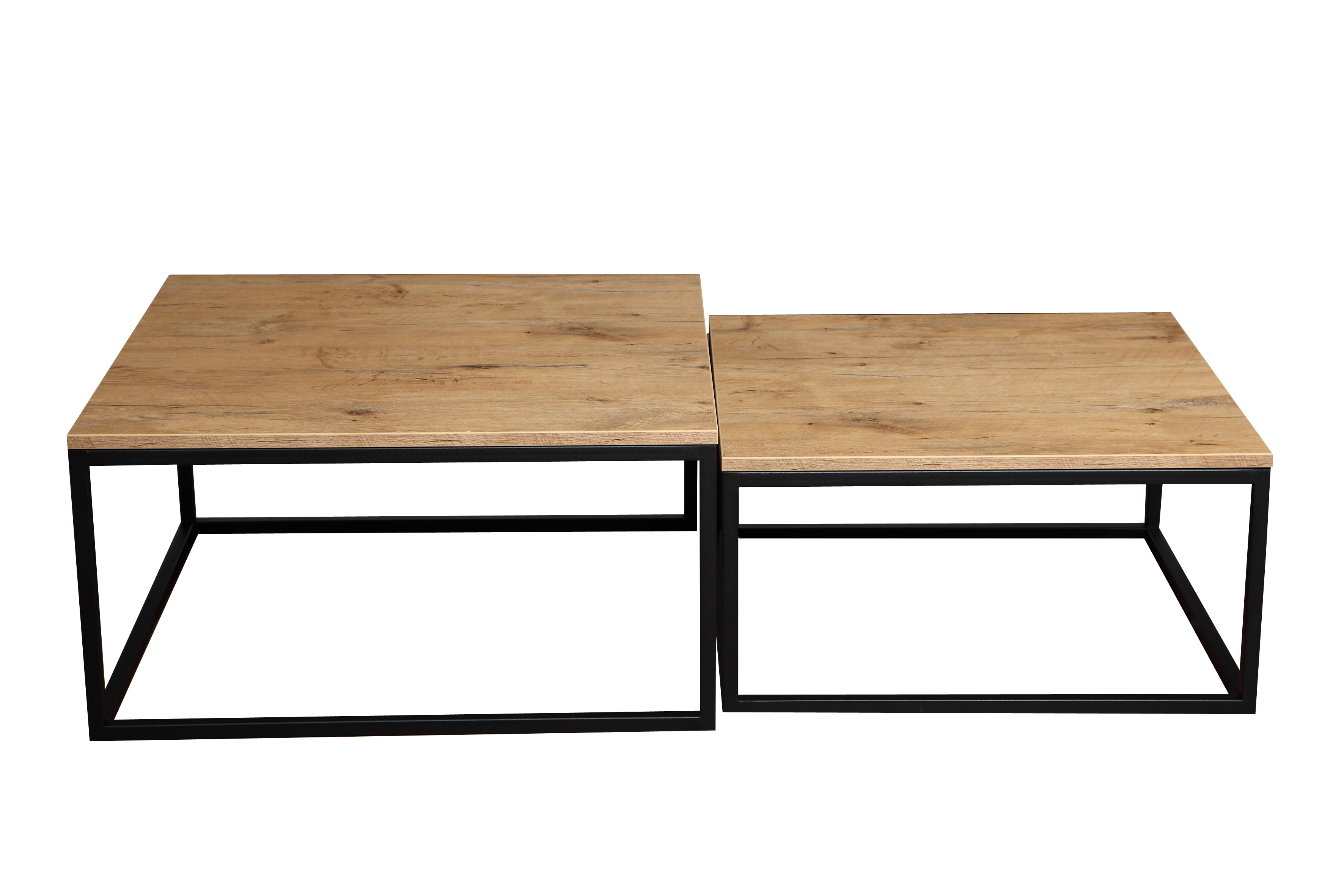 Minimalistyczne stoliki kawowe zestaw loft 2w1 w dąb landelot i czarne nogi 